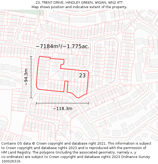 23, TRENT DRIVE, HINDLEY GREEN, WIGAN, WN2 4TT: Plot and title map