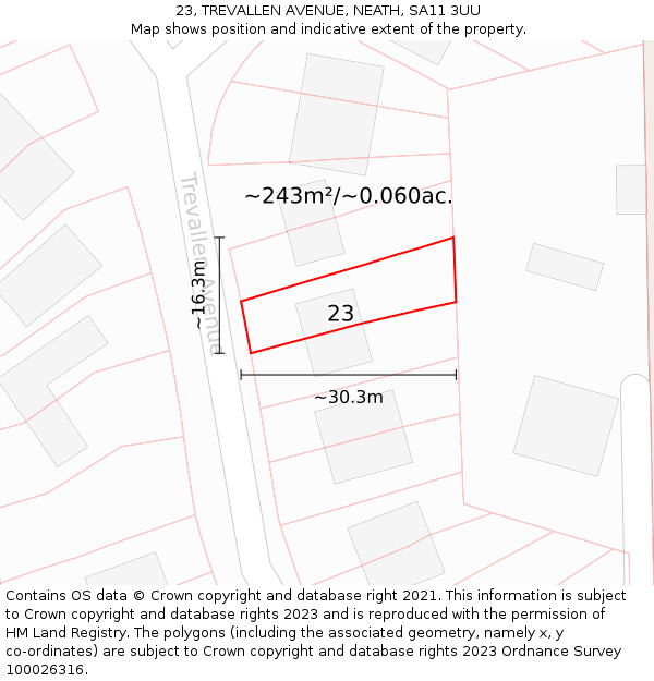 23, TREVALLEN AVENUE, NEATH, SA11 3UU: Plot and title map