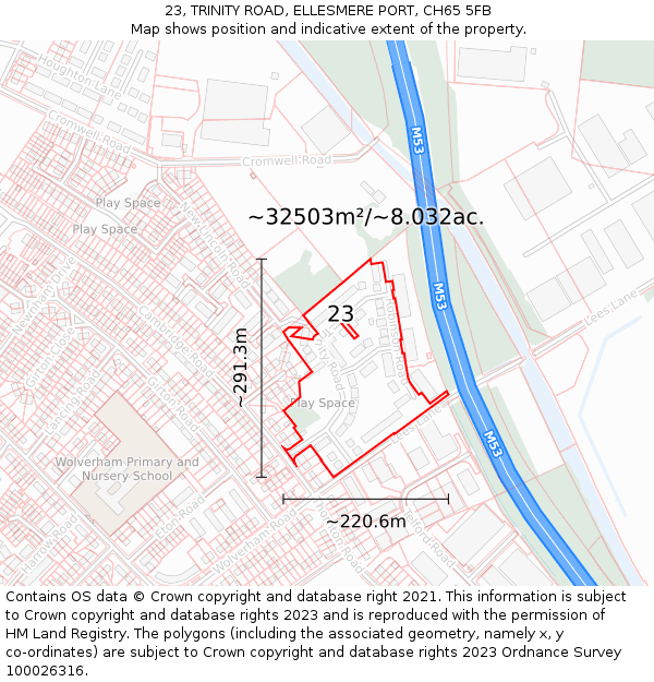 23, TRINITY ROAD, ELLESMERE PORT, CH65 5FB: Plot and title map