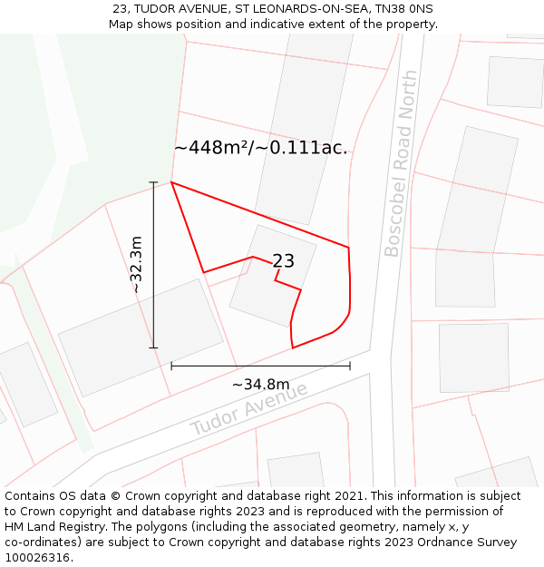 23, TUDOR AVENUE, ST LEONARDS-ON-SEA, TN38 0NS: Plot and title map