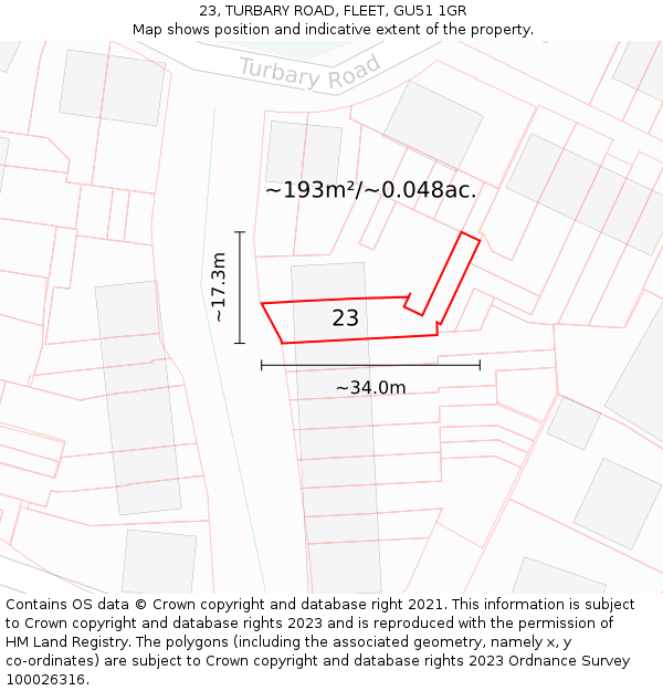 23, TURBARY ROAD, FLEET, GU51 1GR: Plot and title map