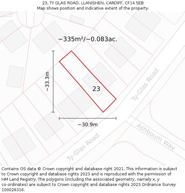 23, TY GLAS ROAD, LLANISHEN, CARDIFF, CF14 5EB: Plot and title map