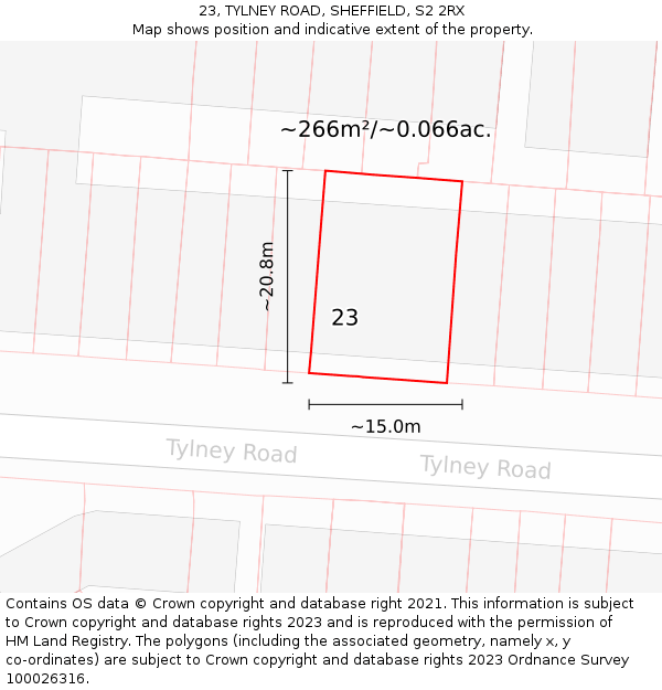 23, TYLNEY ROAD, SHEFFIELD, S2 2RX: Plot and title map