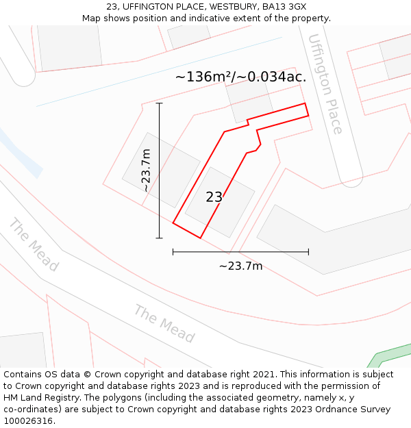 23, UFFINGTON PLACE, WESTBURY, BA13 3GX: Plot and title map