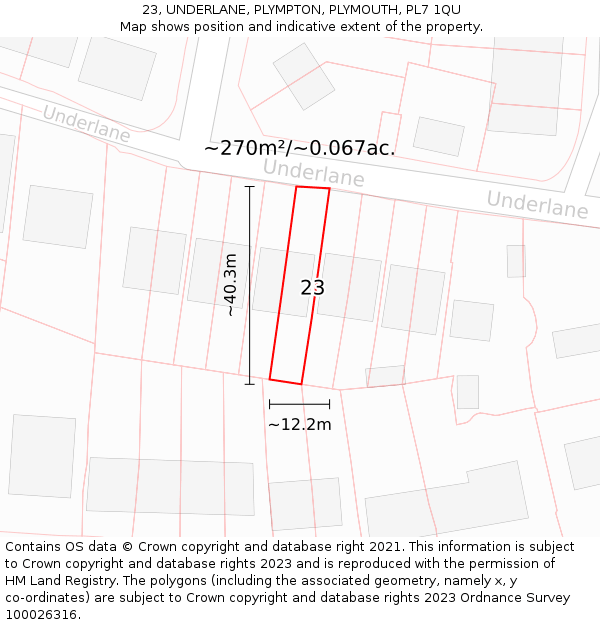 23, UNDERLANE, PLYMPTON, PLYMOUTH, PL7 1QU: Plot and title map