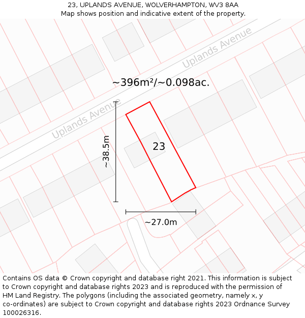 23, UPLANDS AVENUE, WOLVERHAMPTON, WV3 8AA: Plot and title map