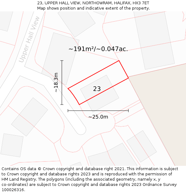 23, UPPER HALL VIEW, NORTHOWRAM, HALIFAX, HX3 7ET: Plot and title map