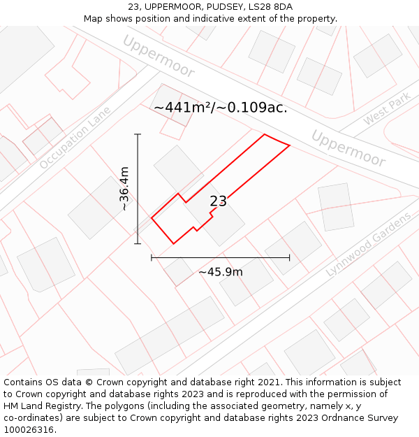 23, UPPERMOOR, PUDSEY, LS28 8DA: Plot and title map