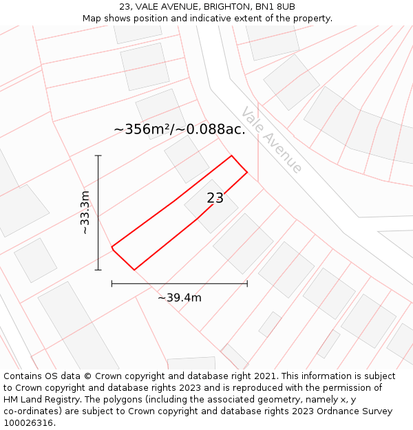 23, VALE AVENUE, BRIGHTON, BN1 8UB: Plot and title map