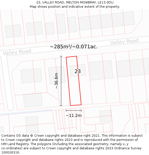 23, VALLEY ROAD, MELTON MOWBRAY, LE13 0DU: Plot and title map