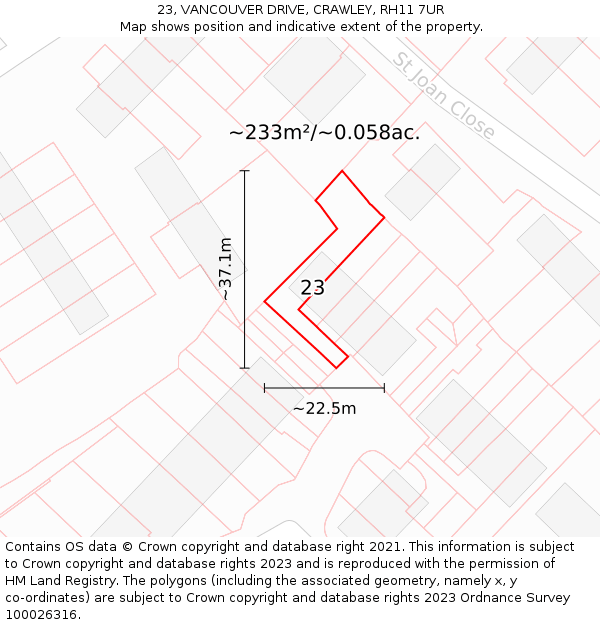 23, VANCOUVER DRIVE, CRAWLEY, RH11 7UR: Plot and title map