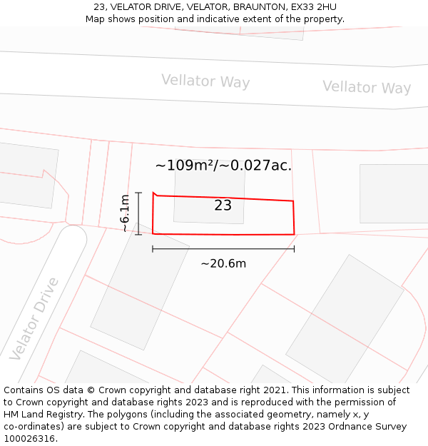 23, VELATOR DRIVE, VELATOR, BRAUNTON, EX33 2HU: Plot and title map