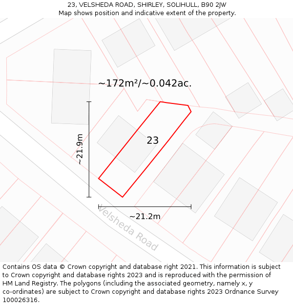 23, VELSHEDA ROAD, SHIRLEY, SOLIHULL, B90 2JW: Plot and title map