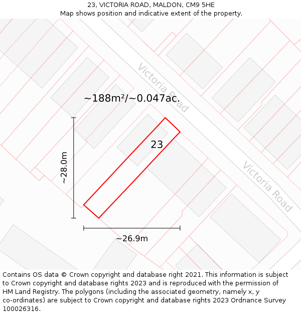 23, VICTORIA ROAD, MALDON, CM9 5HE: Plot and title map