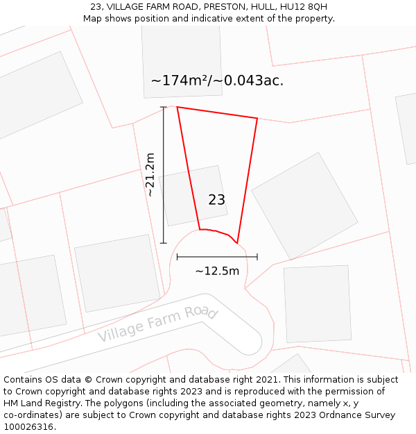 23, VILLAGE FARM ROAD, PRESTON, HULL, HU12 8QH: Plot and title map