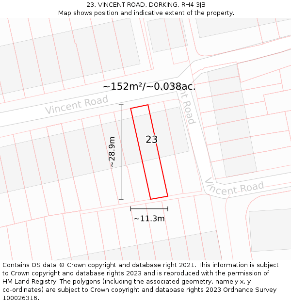 23, VINCENT ROAD, DORKING, RH4 3JB: Plot and title map