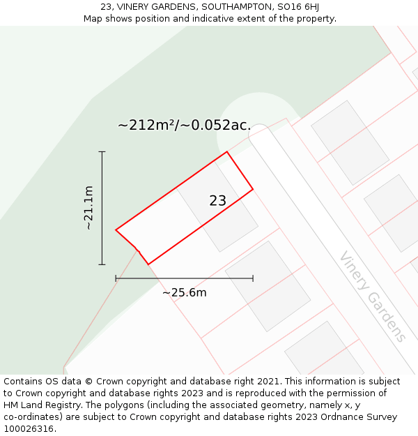 23, VINERY GARDENS, SOUTHAMPTON, SO16 6HJ: Plot and title map