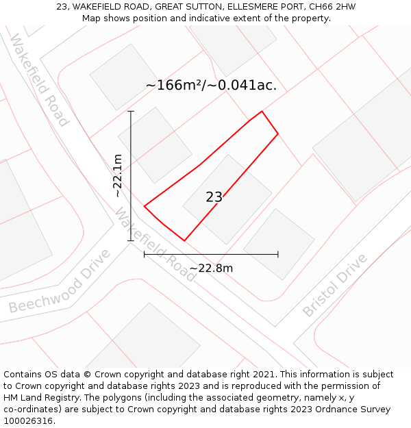 23, WAKEFIELD ROAD, GREAT SUTTON, ELLESMERE PORT, CH66 2HW: Plot and title map