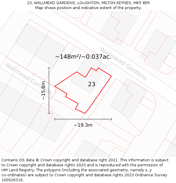 23, WALLMEAD GARDENS, LOUGHTON, MILTON KEYNES, MK5 8ER: Plot and title map