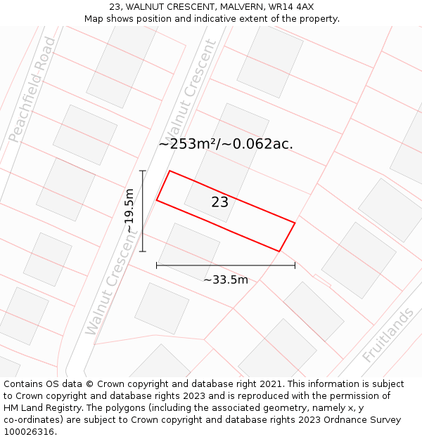 23, WALNUT CRESCENT, MALVERN, WR14 4AX: Plot and title map