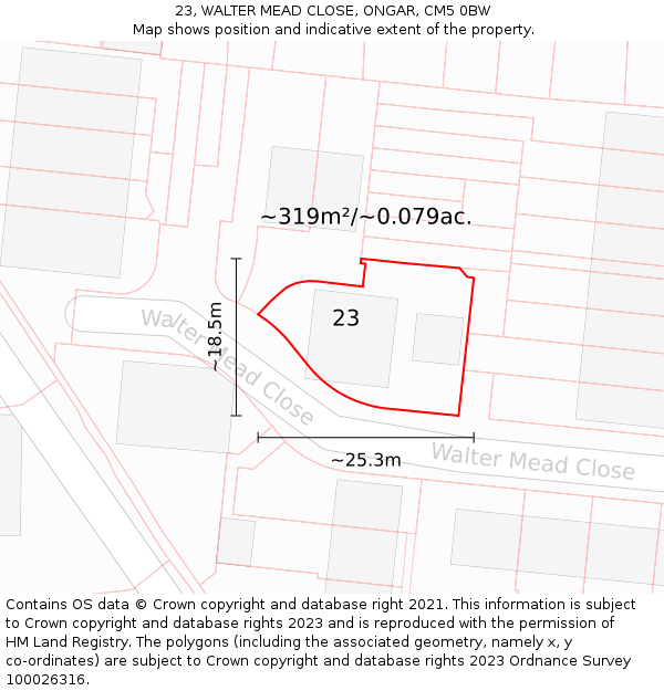 23, WALTER MEAD CLOSE, ONGAR, CM5 0BW: Plot and title map