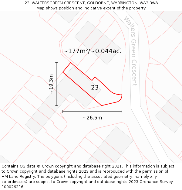 23, WALTERSGREEN CRESCENT, GOLBORNE, WARRINGTON, WA3 3WA: Plot and title map