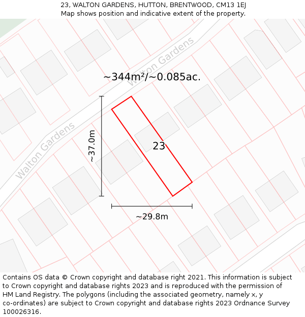 23, WALTON GARDENS, HUTTON, BRENTWOOD, CM13 1EJ: Plot and title map