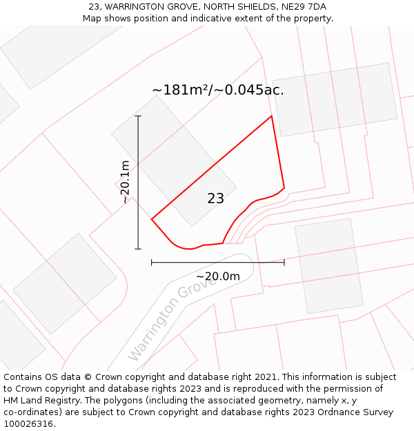 23, WARRINGTON GROVE, NORTH SHIELDS, NE29 7DA: Plot and title map