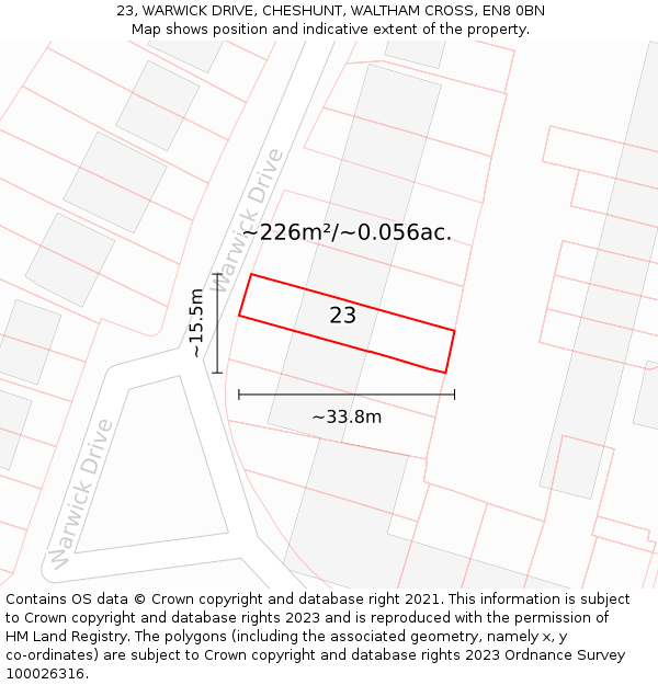 23, WARWICK DRIVE, CHESHUNT, WALTHAM CROSS, EN8 0BN: Plot and title map