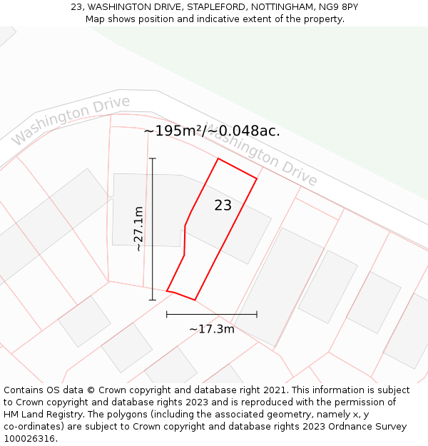 23, WASHINGTON DRIVE, STAPLEFORD, NOTTINGHAM, NG9 8PY: Plot and title map