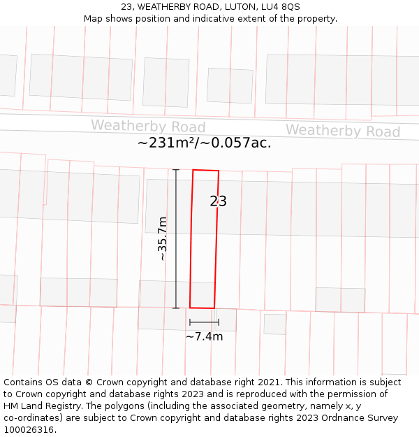 23, WEATHERBY ROAD, LUTON, LU4 8QS: Plot and title map