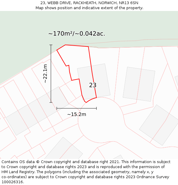 23, WEBB DRIVE, RACKHEATH, NORWICH, NR13 6SN: Plot and title map