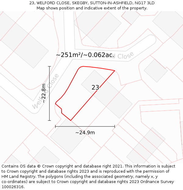 23, WELFORD CLOSE, SKEGBY, SUTTON-IN-ASHFIELD, NG17 3LD: Plot and title map