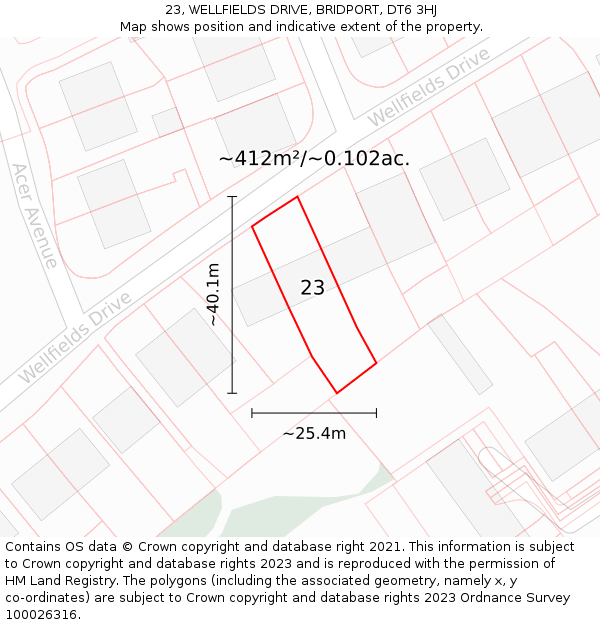 23, WELLFIELDS DRIVE, BRIDPORT, DT6 3HJ: Plot and title map