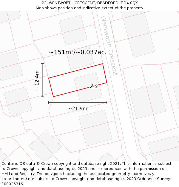 23, WENTWORTH CRESCENT, BRADFORD, BD4 0QX: Plot and title map