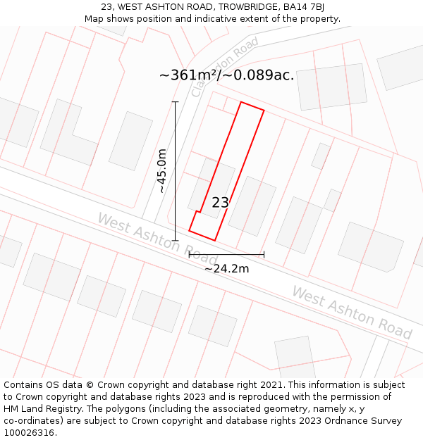 23, WEST ASHTON ROAD, TROWBRIDGE, BA14 7BJ: Plot and title map