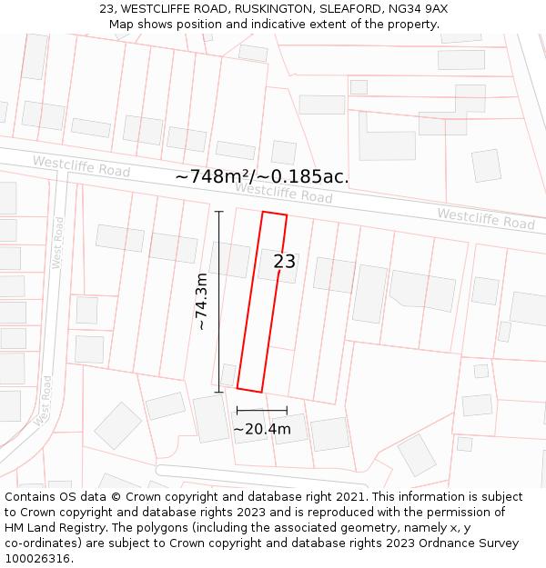 23, WESTCLIFFE ROAD, RUSKINGTON, SLEAFORD, NG34 9AX: Plot and title map