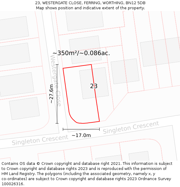 23, WESTERGATE CLOSE, FERRING, WORTHING, BN12 5DB: Plot and title map