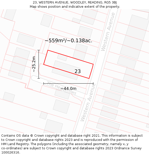 23, WESTERN AVENUE, WOODLEY, READING, RG5 3BJ: Plot and title map