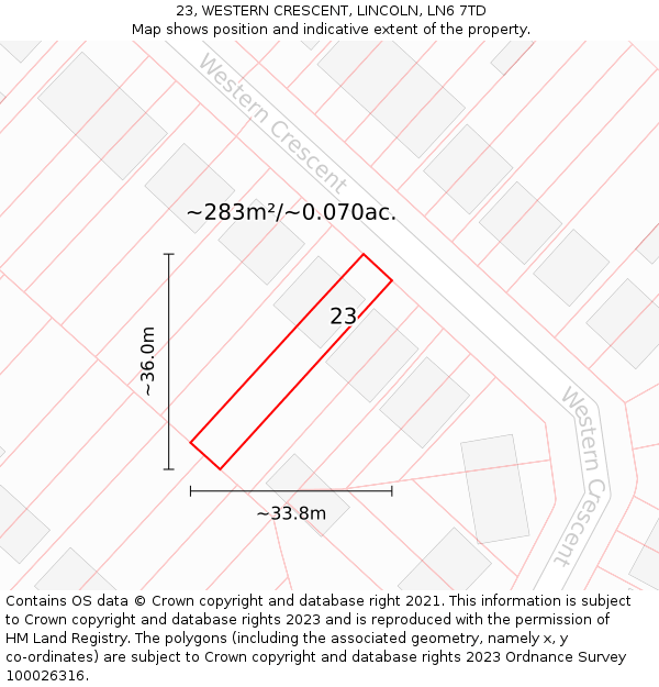 23, WESTERN CRESCENT, LINCOLN, LN6 7TD: Plot and title map