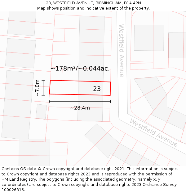 23, WESTFIELD AVENUE, BIRMINGHAM, B14 4PN: Plot and title map