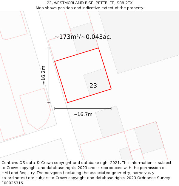 23, WESTMORLAND RISE, PETERLEE, SR8 2EX: Plot and title map