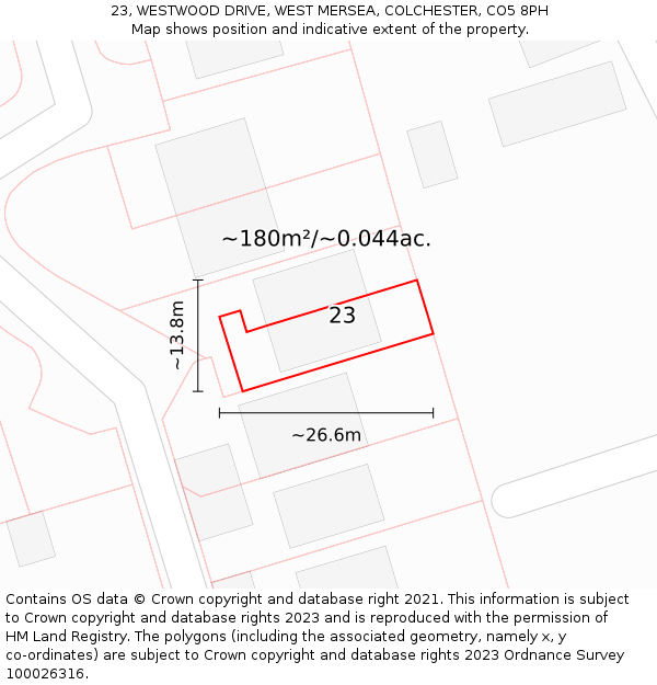 23, WESTWOOD DRIVE, WEST MERSEA, COLCHESTER, CO5 8PH: Plot and title map