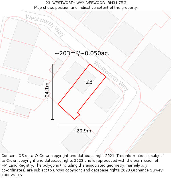 23, WESTWORTH WAY, VERWOOD, BH31 7BG: Plot and title map