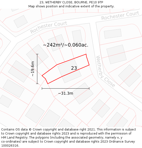 23, WETHERBY CLOSE, BOURNE, PE10 9TP: Plot and title map