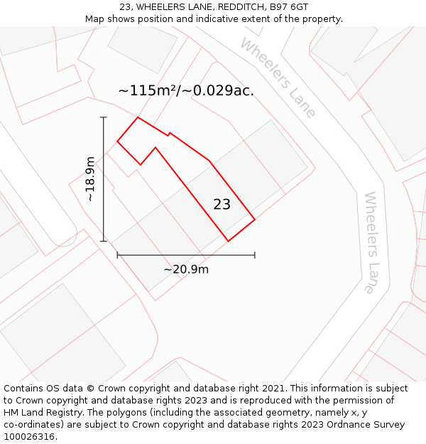 23, WHEELERS LANE, REDDITCH, B97 6GT: Plot and title map