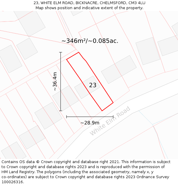 23, WHITE ELM ROAD, BICKNACRE, CHELMSFORD, CM3 4LU: Plot and title map