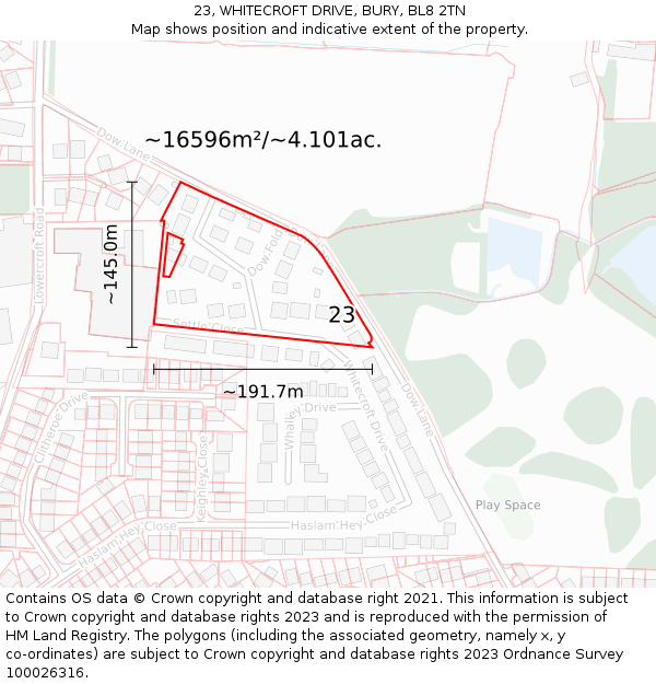 23, WHITECROFT DRIVE, BURY, BL8 2TN: Plot and title map