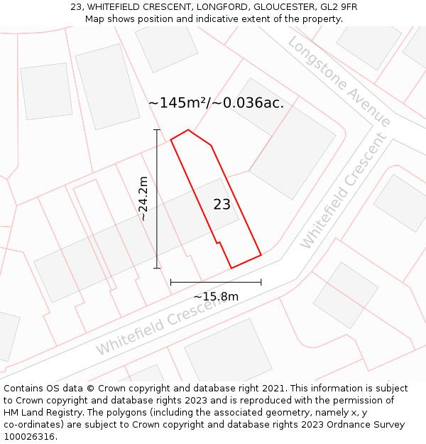 23, WHITEFIELD CRESCENT, LONGFORD, GLOUCESTER, GL2 9FR: Plot and title map