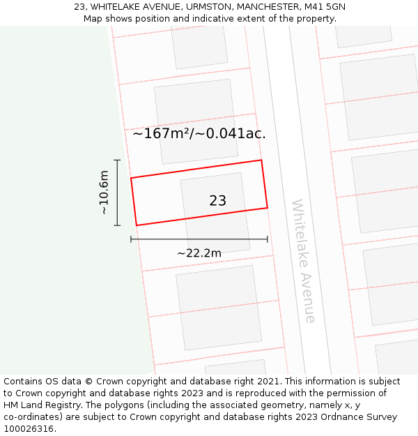 23, WHITELAKE AVENUE, URMSTON, MANCHESTER, M41 5GN: Plot and title map